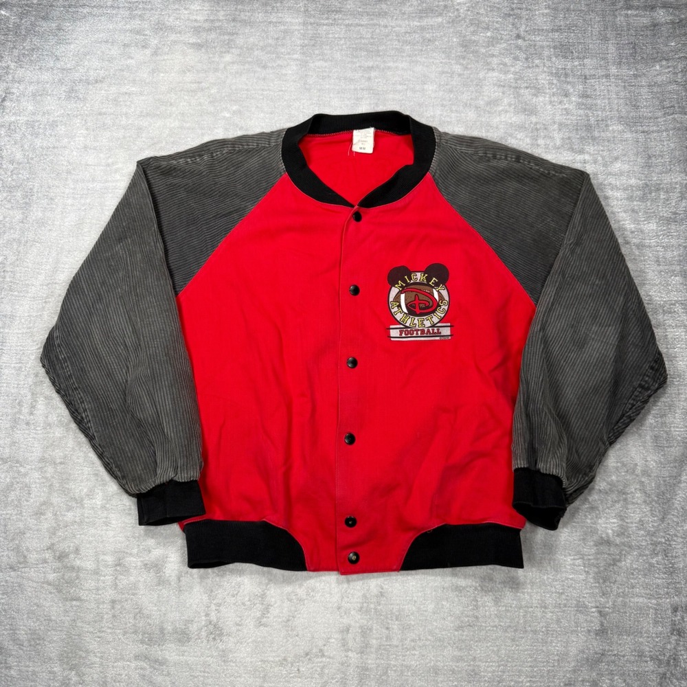 Disney Varsity Jacket Mens Medium Red Vintage 90s Mickey Mouse Football Corduroy